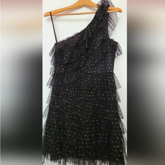 BCBGMaxAzria One Shoulder Black and Gold Tulle Dress - Picture 5 of 13